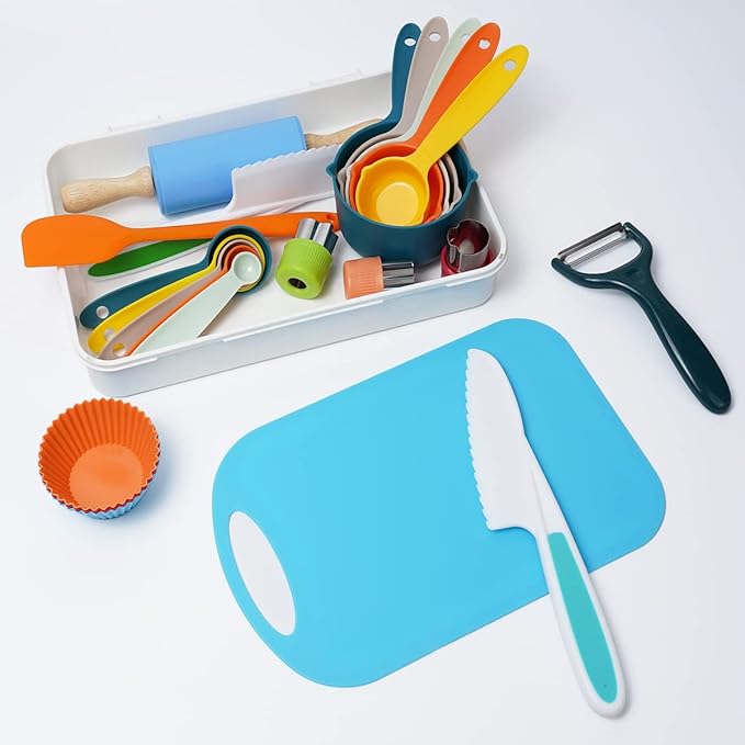 Kidz Cooking and Baking Supplies Set with Gift Storage Box, Complete Junior Chef Cooking Kit, Girlz & Boyz Childrenz Real Bakeware Accessories, Real Cookware and Baking Utensils Sets for Kidz