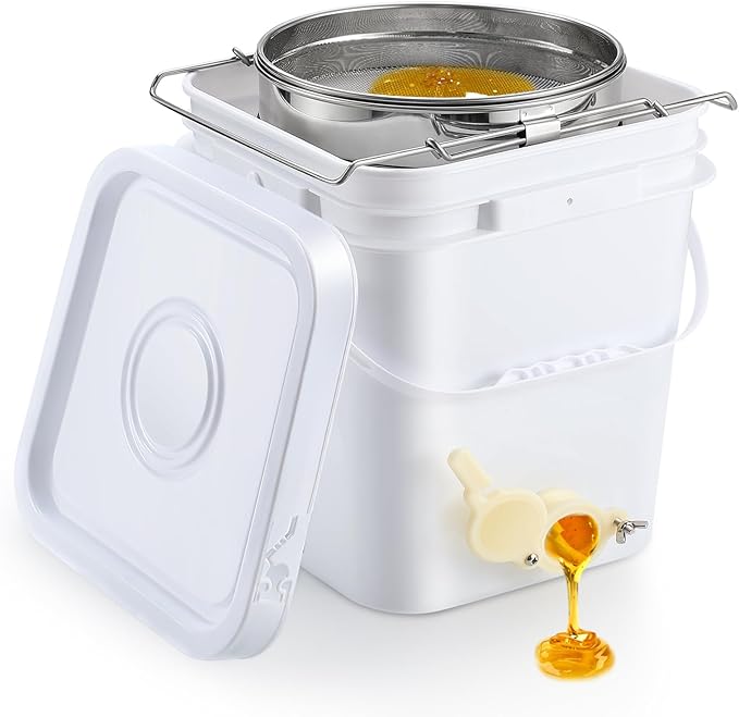Threehoney 3 Gallon Honey Bucket with Spigot and Stainless Steel Filters Set Honey Extractor Equipment Food-Grade Bucket with Spigot for Bee Keeping Supplies Extracting Storage (White,3 Gallon)