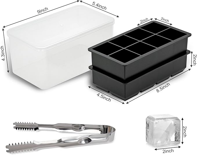 Bangp Large Ice Cube Trays Set(4 Large Silicone Ice Trays,2 Lids,Ice Bin&Tongs),Large Ice Tray Molds for Making 32 Giant Ice Cubes for Whiskey