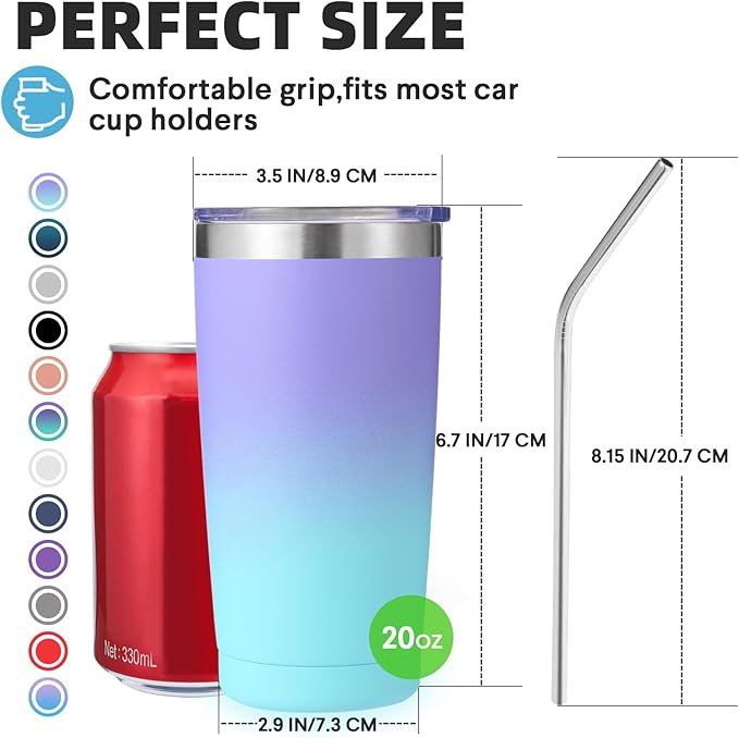 Volhoply 20oz Stainless Steel Tumbler with Lid and Straw Bulk 4 Pack,Double Wall Insulated Travel Iced Coffee Mug Fits Cup holder,Powder Coated Cups for Cold Drinks,Gifts for Women（Purple Bule,4 Set）