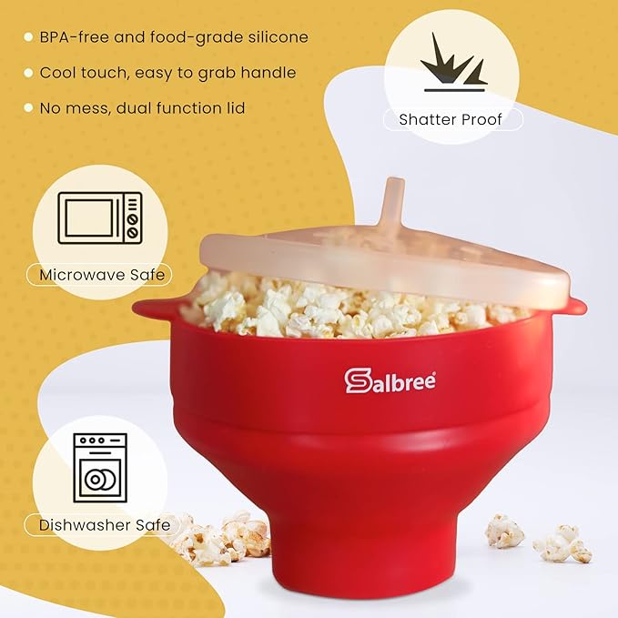 The Original Salbree Collapsible Silicone Microwave Popcorn Popper Maker Machine, Microwavable Bowl Holds 16 Cups, Uses Hot Air and Oil Always Optional - The Most Colors Available (Coral)