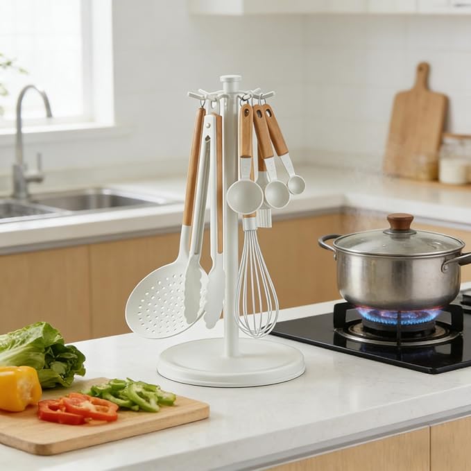 Kitchen Utensil Hanger Stainless Steel Utensil holder Rotatable Cooking Utensils Holder with 8 Hooks, Hanging Spoon Spatula Holder , White (Without Kitchen Utensils)