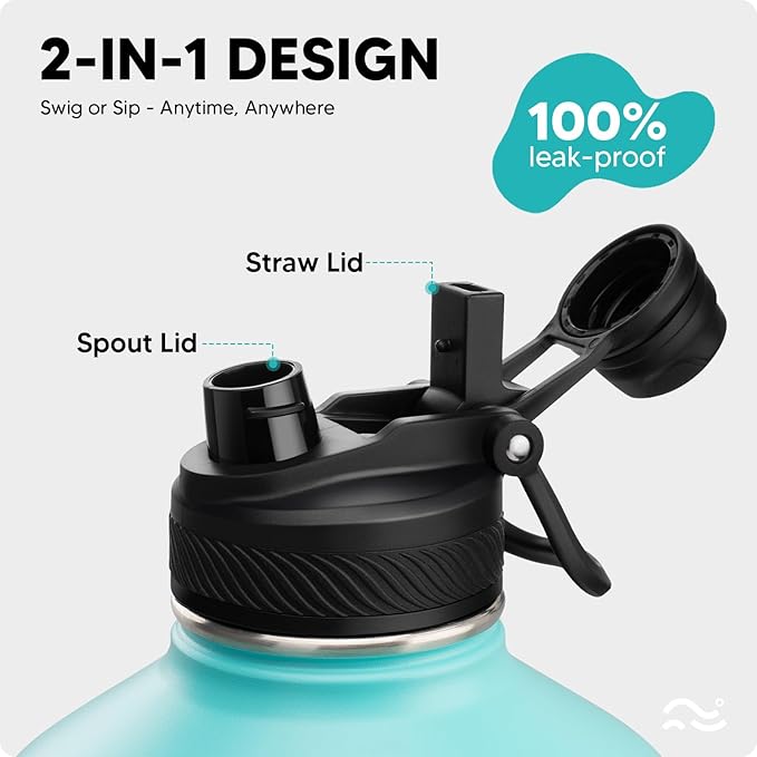 Swigina [2-IN-1 LID] Gallon Insulated Water Bottle with Silicone Boot (48hrs Cold/24hrs Hot) - DIY Stickers, Leakproof, BPA Free, 128 oz