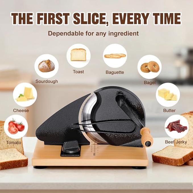 Upgrade Manual Bread Slicer for Homemade Bread, Sourdough Slicer with Hand Crank, Metal Guide Rail, Non-Slip Suction Base & Sharp Blade for Consistent Even Slices
