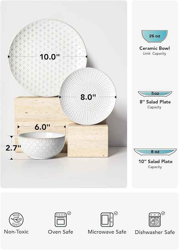LE TAUCI Dinnerware Sets 12 PCS, Ceramic Plates and Bowls Set, Suit For Housewarming (10" Dinner Plate + 8" Salad Dish + 26 oz Cereal Bowl) x 4, Oven safe - Arctic White
