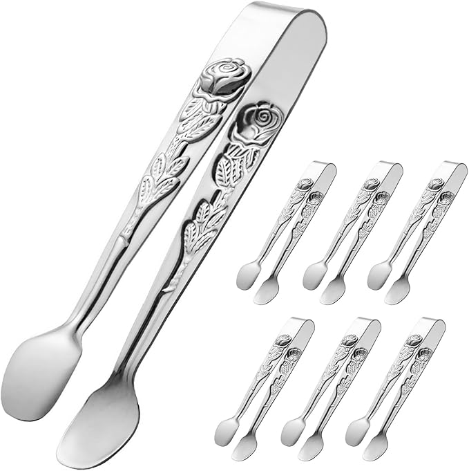 6PCS Mini Serving Tongs 5-Inch Small Sugar Tongs, Tiny Stainless Steel Kitchen Tong for Appetizers, Tea Party, Coffee Bar, Desserts (Silver)