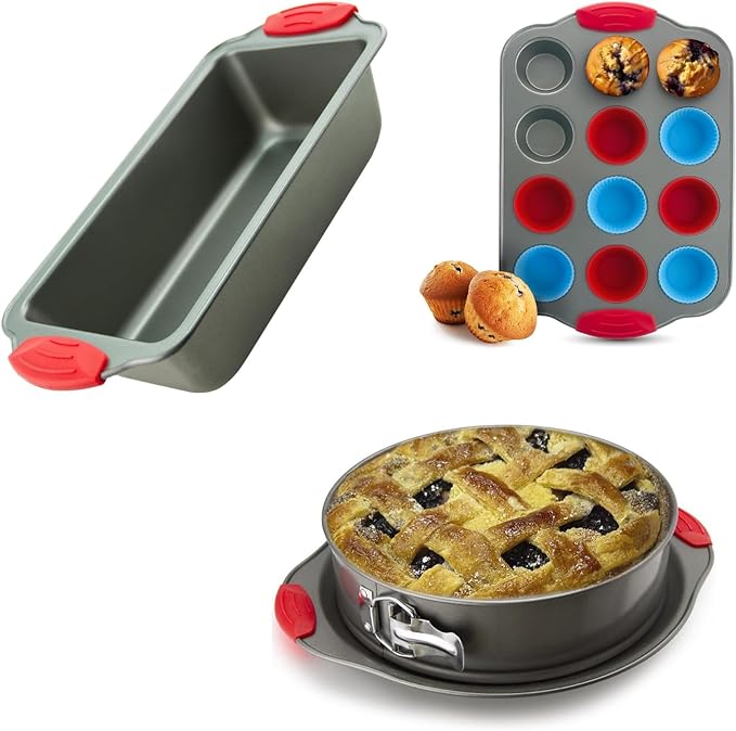 Ultimate Baking Set: Non-Stick Banana Bread Loaf Pan, 12 Cup Mini Muffin Pan with Silicone Liners, and 10 Inch Springform Pan - Professional Bakeware with Silicone Handles