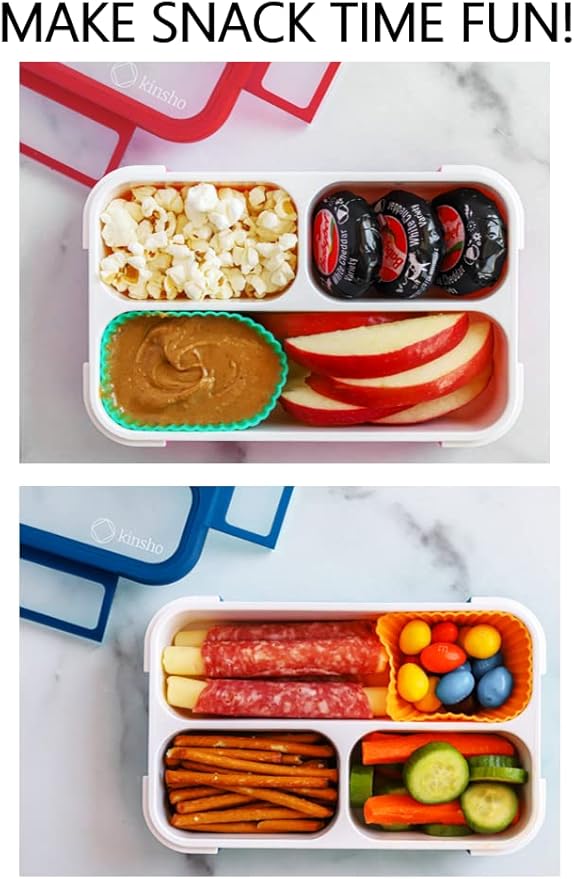 Small Snack Containers for Kids Toddlers - 3 Compartments (Set of 2) - Leak-Proof Boxes with Lids - BPA-Free Plastic Mini Bento Lunch Box - Ideal for School & Daycare, Holds 2 Cups (Red + Navy Blue)