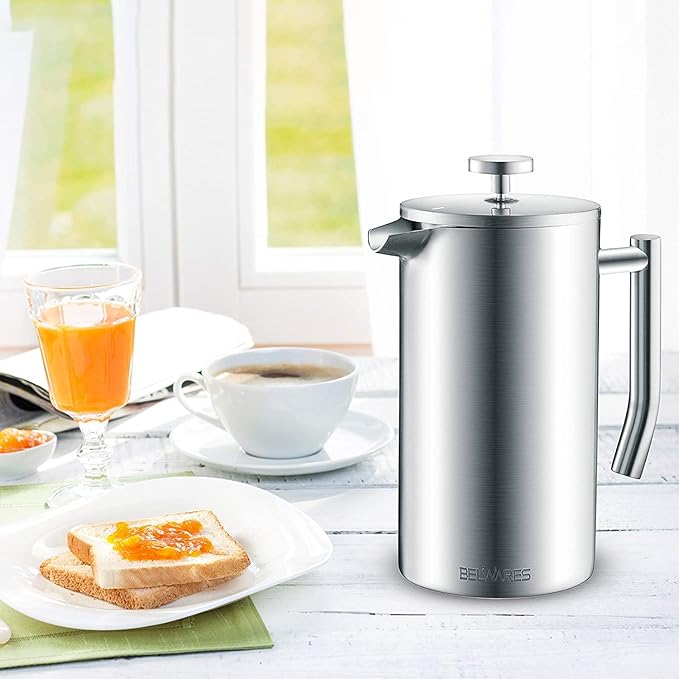 Belwares French Press Coffee Maker - 50oz 6-Cup Capacity, 304 Stainless Steel Coffee Press, Double Wall Insulation Heat Retention, 4-Level Filtration Smooth Ground-Free Coffee, 2 Extra Filters, Silver