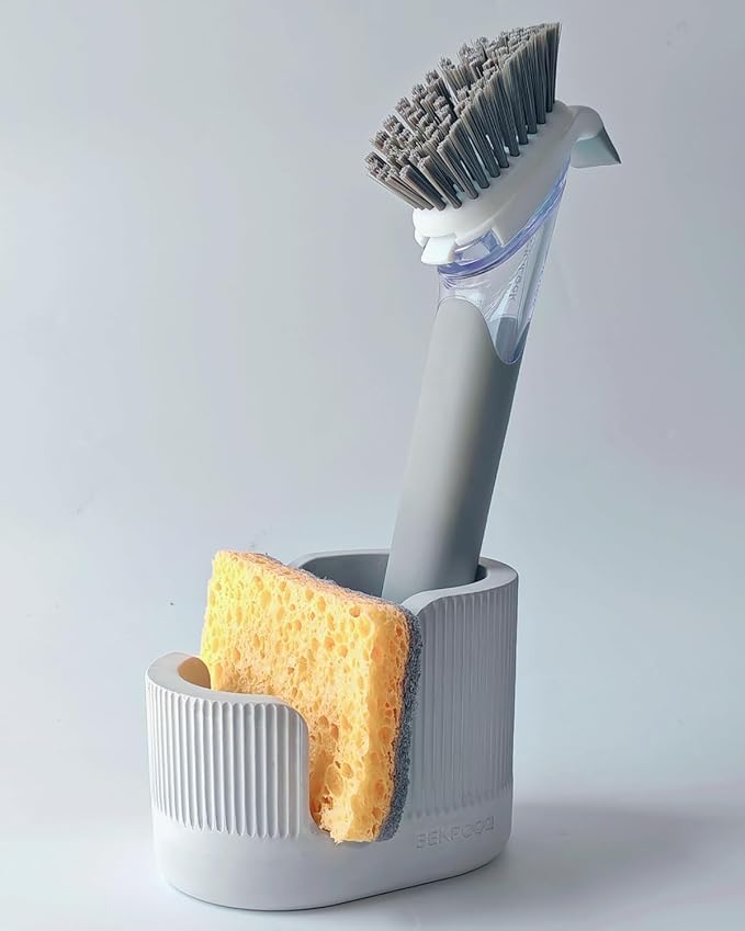 2-in-1 Diatomite Sponge Holder for Kitchen Sink, Quick-Drying Sponge and Dish Brush Holder, Absorbent Stone Sink Caddy Organizer, Light-Gray