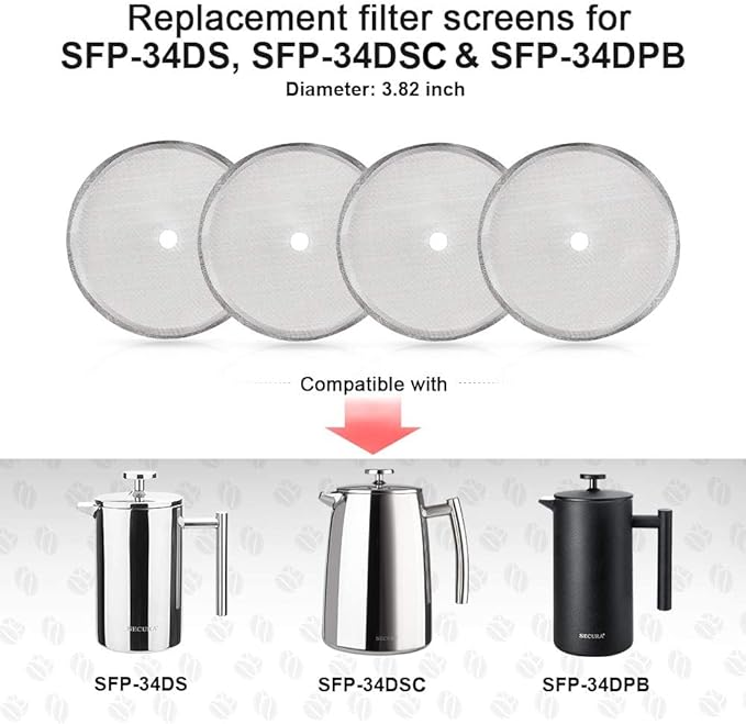Secura French Press Replacement Screens, Stainless Steel Reusable Mesh Filter for 34 Ounce, 1 Liter Coffee Press, 4 Pack