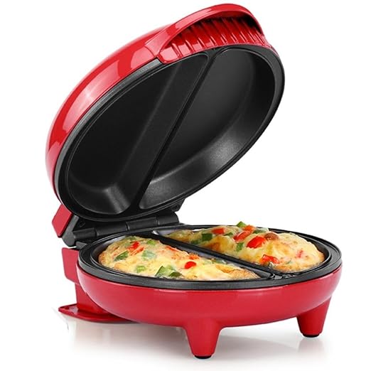 Holstein Housewares Stainless Steel 2 Section Omelet & Frittata Maker, Non Stick Coating, Easy To Clean, Indicator Lights, Compact Storage, Prepare Versatile Recipes in Minutes. 2 Portions, Red
