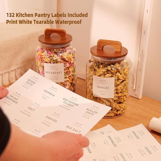 2 Pack Large Glass Flour and Sugar Containers with 132 Pantry Labels - 64 FL OZ Glass Canisters with Bamboo Airtight Lids - Farmhouse Glass Cookie Jars for Rice, Pasta, Cereal, Bath Salt