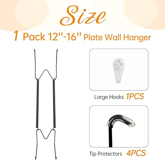 Plate Hangers for The Wall, Suitable for 12-16 inch Decorative Plate, Stainless Steel Wire Plate Holder with Wall Hooks and Rubber tip Protectors, Plate Hangers for Displaying Plates, Platter, Black
