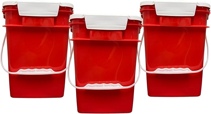 House Naturals 4 Gallon Square Food Grade Bucket Pail with Plastic Handles and Lid (Pack of 3) Made in USA containers (RED-White Lids)
