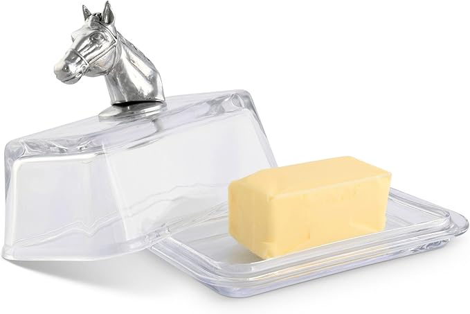 Arthur Court Glass Butter Dish with Lid Horse Head Knob | Classic 2-Piece Design Covered Butter Keeper | Covers and Holds a Standard Stick of Butter | Equestrian Farm Horse Décor