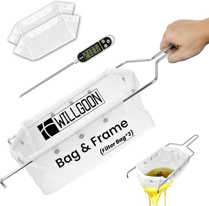 Fryer Filter Bag & Frame Set, Reusable Oil Strainer for 70 lb Cooking Oil, Fine Mesh to Capture Crumbs, Durable for Home & Commercial Use, with 1 Professional Food Thermometer