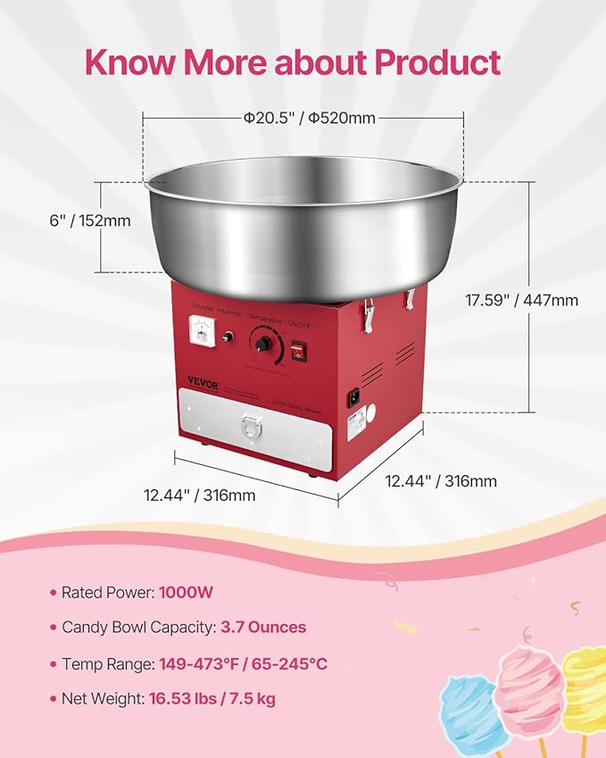 VEVOR Electric Cotton Candy Machine, 1000W Commercial Candy Floss Maker with 20.5 in Stainless Steel Bowl, Sugar Scoop, and Drawer, Easy Home Use, Perfect for Kids Birthday, Family Party, Red