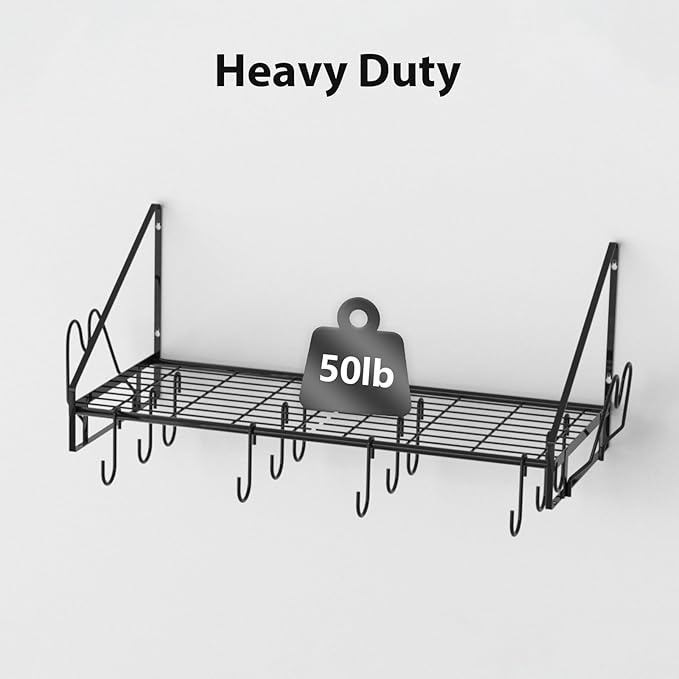 VyGrow 28 Inch Pot Rack Wall Mounted, Pots and Pans Organizer with 12 Hooks and 2 Pot Lid Holders, Heavy Duty Steel Pot and Pan Hanger for Kitchen Cookware Utensils Storage 34.7" Lx13 Wx12.6 H
