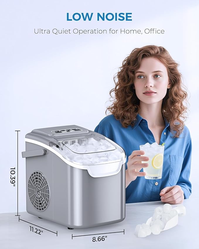 Countertop Ice Maker Machine, Portable Compact Small Bullet Ice Maker with Self Cleaning Function Makes 8 Cubes in 6 Minutes, Up to 26lbs in 24 Hours, Ideal for Camping Dorm Home Outdoor Use (Grey)