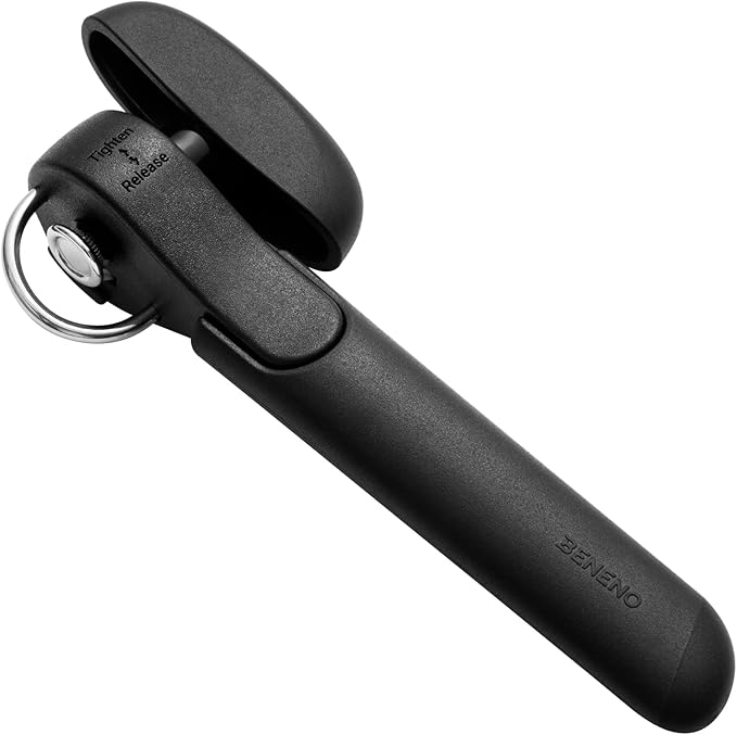 Beneno Can Opener, Safe Side Cut Can Opener Manual Smooth Edge with Smooth Cutting Wheel, Open Cans with no Sharp Edges, Effortless Easy to Turn Knob, Soft Non-Slip Handle, Black