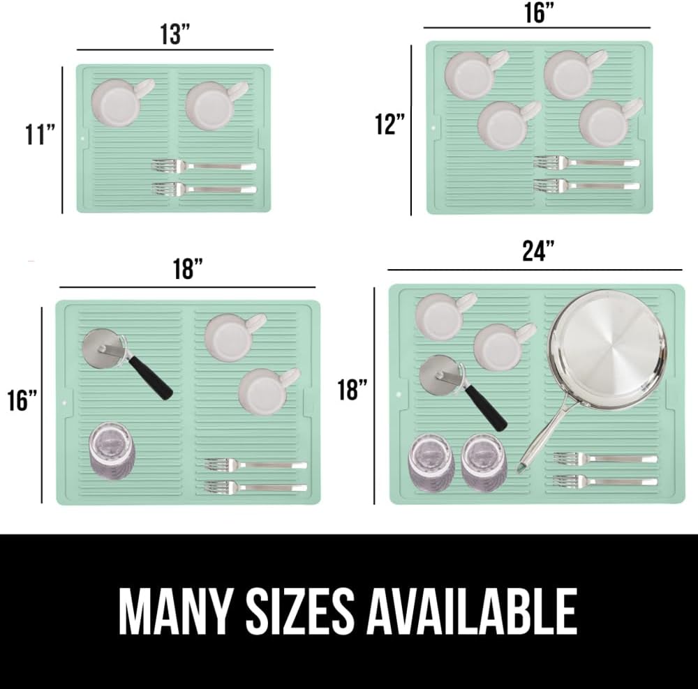 GORILLA GRIP 100% BPA-Free Patented Silicone Dish Drying Mat for Kitchen Counter, 18x16 Inch, Water Catching Ribbed Design, Easy Clean Waterproof Sink Liner, Heat Resistant, Fits Under Rack, Mint