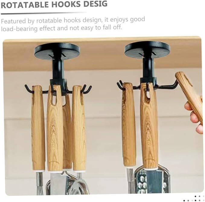 3pcs No-Nail Kitchen Utensil Hooks Rotatable Black Hanging Storage Organizer Under Cabinet Multi-Functional Wall Mounted Holder for Cooking Tools