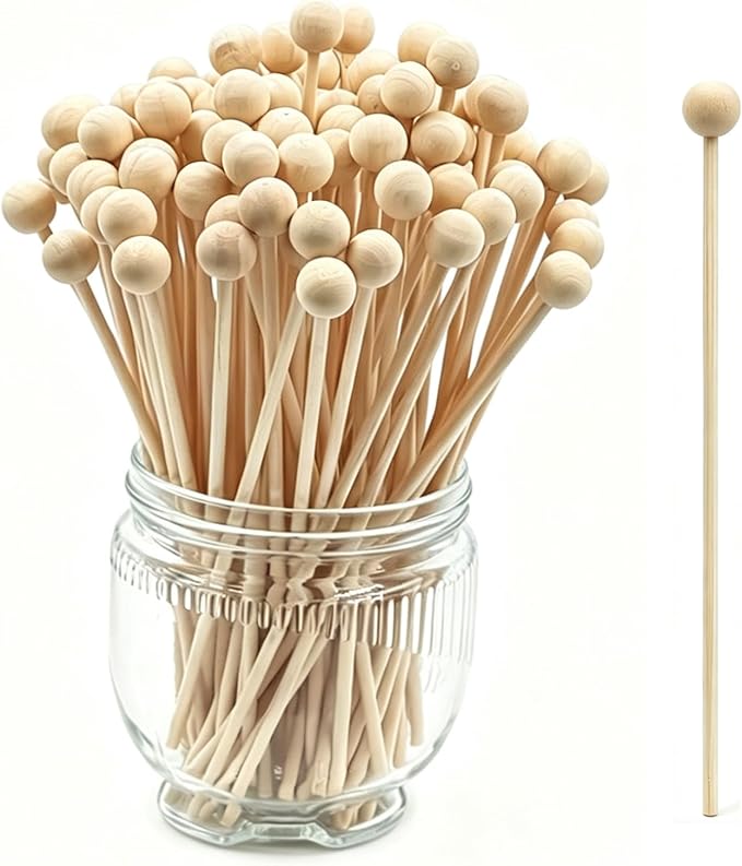 100PCS 6 Inch Wooden Rock Candy Sticks with Ball, Wood Swizzle Sticks for Drinks Cake Pops Coffee Stirrers Lollipop Making, Ideal for Party Supplies Home Baking DIY Dessert