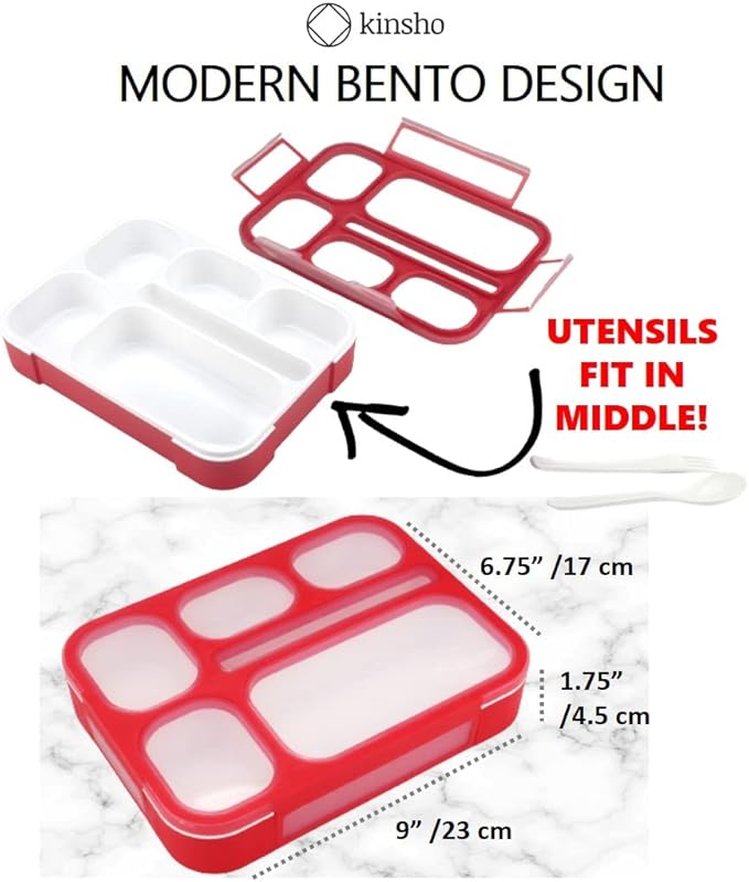 kinsho Bento Box Kids Lunch-Box, Snack Containers for Toddler Daycare, Leakproof School Bentobox 6 Compartment Container for Boys Girls Adults Lunches, Utensils, Red