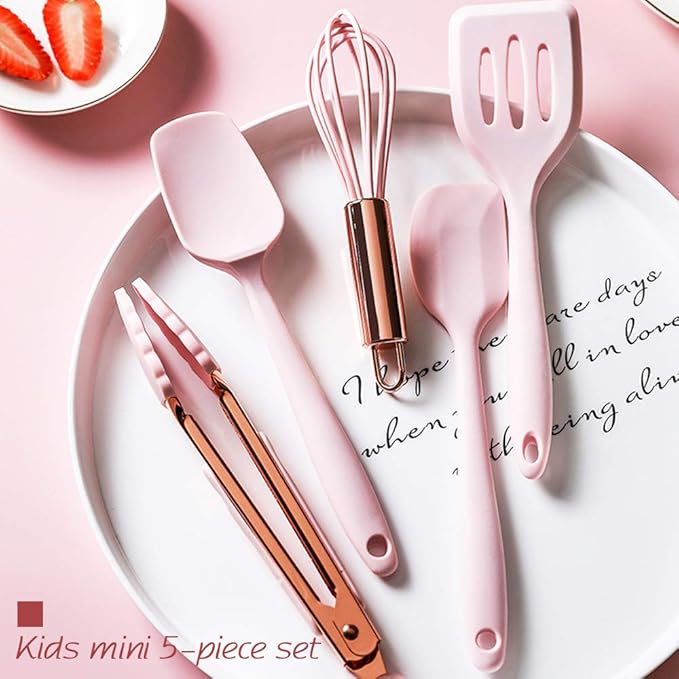 Collfa Rose Gold And Pink Kitchen Utensil Small Five-Piece Set Mini Silicone Kids Kitchen Tools Whisk Spatula Tongs Spoon And Slotted Spatula(Kids Baking Supplies)