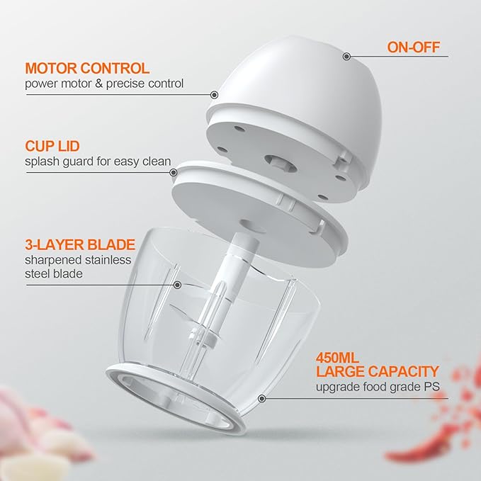 Portable Electric Garlic Chopper, 450ML Large Volume Cordless Mini Food Processor with USB Charging,304 Stainless Steel Sharp Blades,for Onion, Garlic, Ginger, Baby Food,Meat,Spices BPA-Free