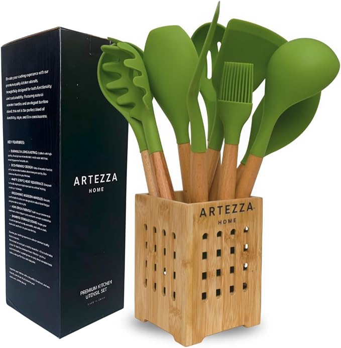 Green Silicone Kitchen Utensil Set – 10-Piece Cooking Tools with Wooden Handles & Ventilated Bamboo Holder, Heat-Resistant Silicone, Nonstick Safe, BPA-Free Kitchen Gadgets Set – Sage Green