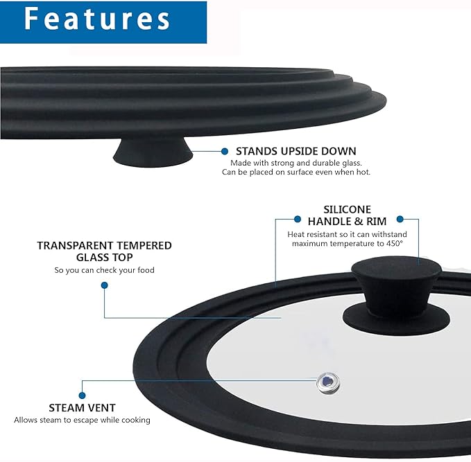 Universal Lid for Pots, Pans and Skillets - Tempered Glass with Heat Resistant Silicone Rim and Heat Resistant Handle Fits 9.5", 10.5" and 11" Diameter Cookware, Black