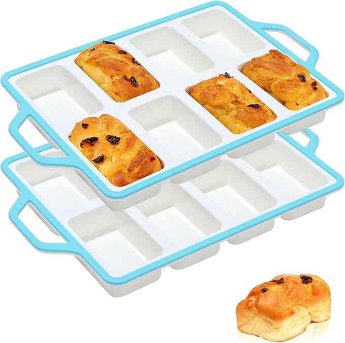 Vinino Silicone Mini Loaf Pans with Metal Reinforced Frame-2 Pack, Non-stick Silicone Bread Pan for Baking 8-Cavity, Tiny Banana Bread Set, Dishwasher Safe Brownie Pan-Blue