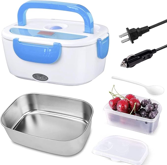 Electric Lunch Box 2 In 1 Food Heater 12V 24V 110V Portable Food Warmer for Car and Home Removable Stainless Steel Heated Bento Box (Blue)