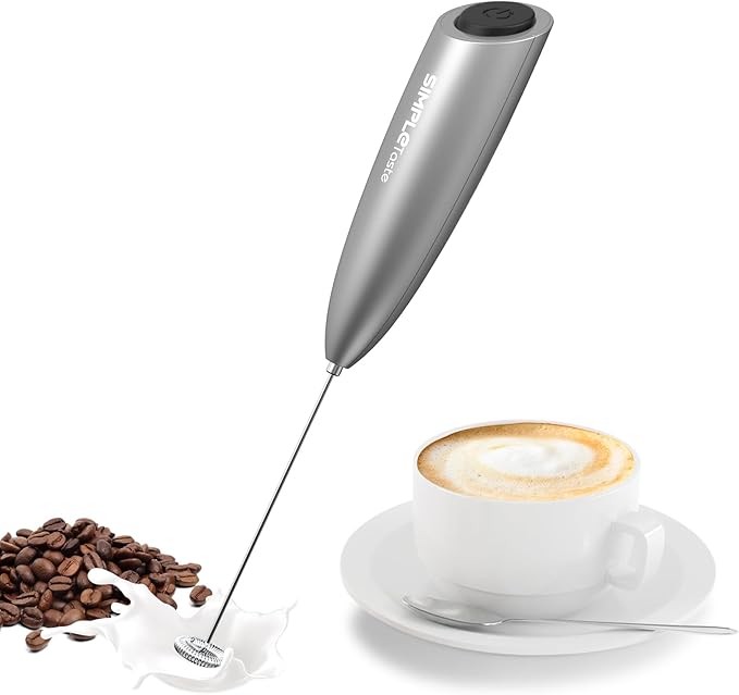 SIMPLETASTE Milk Frother Handheld Electric Foam Maker, Drink Mixer with Stainless Steel Whisk for Cappuccino, Bulletproof Coffee, Latte, Silver, without Stand, Battery Operated