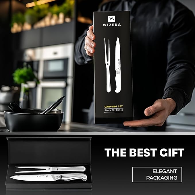 WIZEKA 8-inch Turkey Carving Knife Set 2 PCS,Stainless Steel Carving Knife and Fork Set,Extremely Sharp and Pointed Carving Sets for Meat with Gift Box