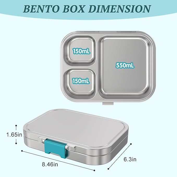 LOHASOK Stainless Steel Bento Lunch Box, 3-Compartment Food Container Large 800ML Metal Bento Box for Kids or Adults with Lockable Clips to Leak Proof Blue