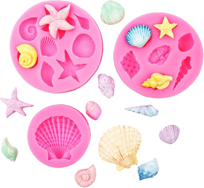 3Pcs Ocean Theme Cake Decorations Kit, Fondant Silicone Molds Set for Seashell, Starfish, Conch, Coral - For Candy, Chocolate, Clay, Resin Crafts