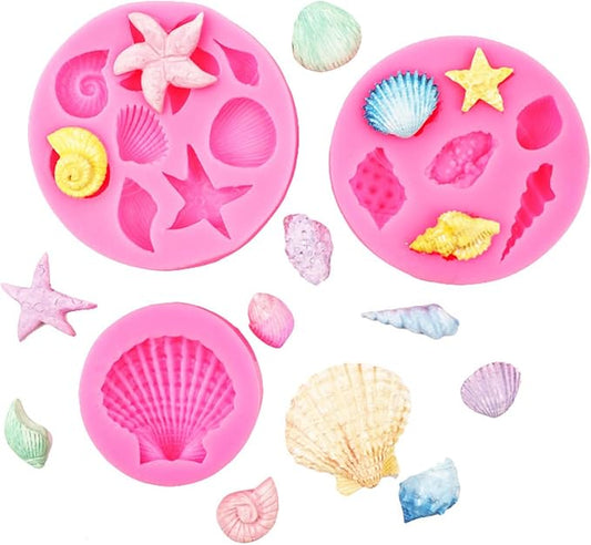 3Pcs Ocean Theme Cake Decorations Kit, Fondant Silicone Molds Set for Seashell, Starfish, Conch, Coral - For Candy, Chocolate, Clay, Resin Crafts