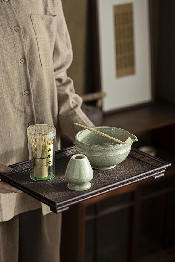 Matcha Whisk Set – 8 Pcs Matcha Set with Ceramic Bowl with Spout, Bamboo Whisk, Holder, Scoop, Sifter, and Tea Towel – Complete Japanese Matcha Kit for Ceremony and Gift (Matcha Green)