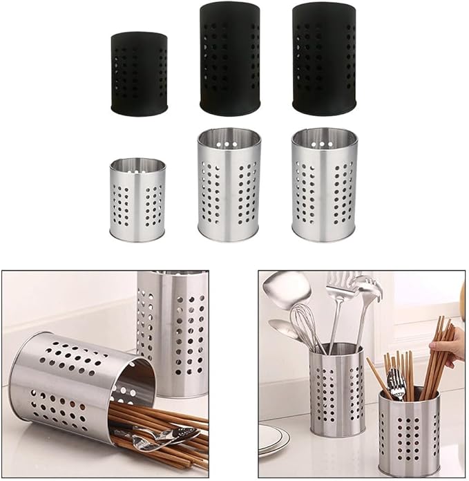 FABULETTA Stainless Steel Utensil Holder for Kitchen Countertop, Cutlery Drainer Rack with Drain Hole, Rust-Resistant Vertical Organizer Stand for Spoons and(Silver Medium)