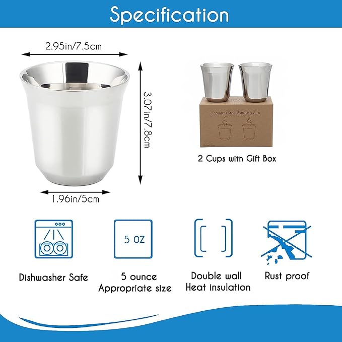 Easyworkz Stainless Steel Espresso Cup 2pcs Set Double Wall 5 oz, Bundled Espresso Steaming Pitcher Stainless Steel 12 oz Coffee Frothing Picther Milk Jug Cappuccino Latte Art Cup