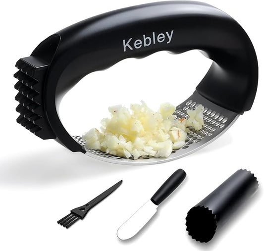 Garlic Press Rocker Stainless Steel Garlic Crusher, Mincer and Chopper with Peeler and Scraper,brush, Easy Kitchen Gadget for Effortless Smashing