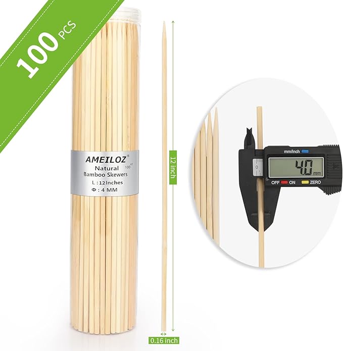 12" Natural Bamboo Wood Barbecue Skewers for Kabob, Appetizer, Fruit, Sausage, Chocolate Fountain, Wooden BBQ Kebob Skewer Stick, Organic Food Sticks for Grilling, Kitchen (Φ=4mm Thick, 100PCS)