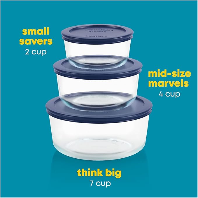 Pyrex Simply Store (3-Pack) Glass Food Storage Containers Set, (2, 4 & 7 Cup) Meal Prep Containers With Plastic BPA-Free Lids, Dishwasher & Microwave Safe