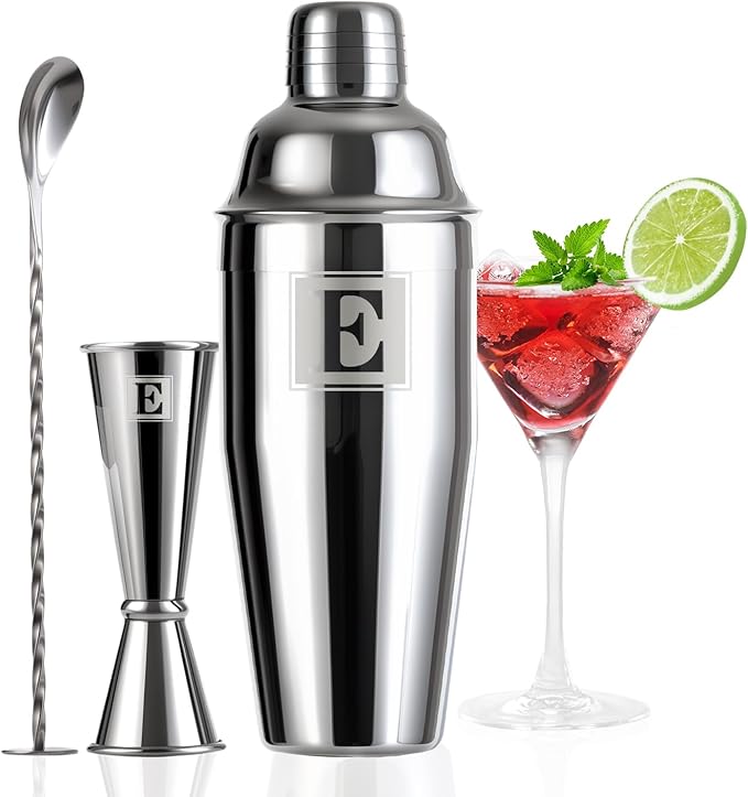 24oz Cocktail Shaker Set with 1 oz 2oz Jigger - Monogramm Initials Martini Shaker Set - 304 Stainless Steel Bar Shaker for Margarita,Mojito-Personalized Gift for Friend,Husband-E