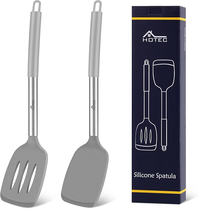 HOTEC Silicone Spatula Set of 2 Heat-Resistant 600°F & BPA-Free Kitchen SaptulaTurner with Stainless Steel Handles, Slotted & Solid Spatulas for Nonstick Cookware, 13.7 Inch, Grey