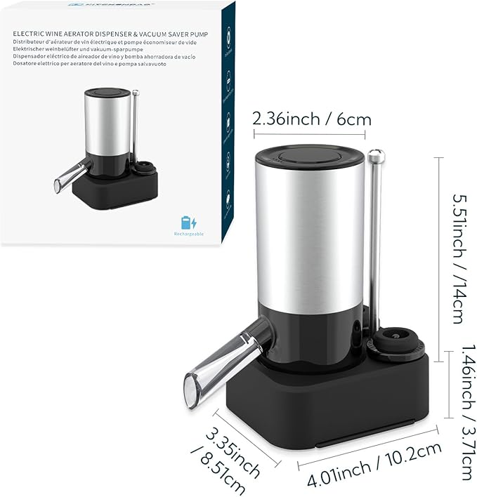 KITCHENDAO Rechargeable Electric Wine Aerator Dispenser and Wine Saver Pump, Built-in Sound Indicator, Automatic Wine Pourer with USB-C Cable, Storage Base and 2 Stoppers, Ideal Gift for Wine Lovers