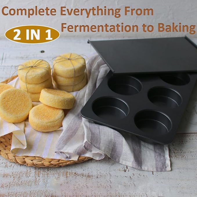 2 Pcs Muffin Pan with Lid, 3.6 Inch Non-Stick 6 Cup Straight English Muffin Top Pan Baking Mold, Hamburger Bun Pan for Baking Egg Sandwich Frittata Cinnamon Roll